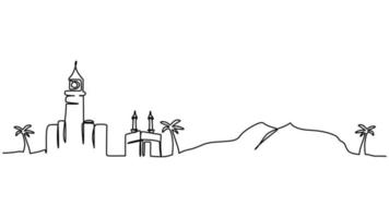 One line drawing of kaaba mosque and desert isolated on white background. Continuous single line minimalism. vector