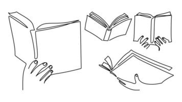 One continuous single line drawing of hand hold book vector