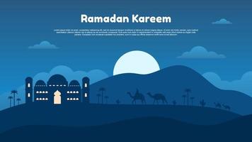 Ramadán kareem con mezquita, luna, montaña y personas en camello noche vector