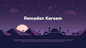 Ramadán kareem antecedentes con mezquita, Luna y montaña a noche, vector