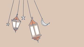 One line drawing of hanging lanterns, moon and islamic ornaments. Continuous single line minimalism. vector