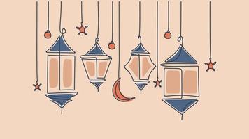 One line drawing of hanging lanterns, moon and islamic ornaments. Continuous single line minimalism. vector