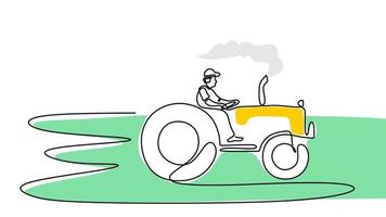 One line drawing of man drive tractor isolated on white background. Continuous single line minimalism. vector