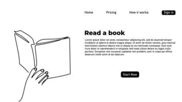 One continuous single line drawing of read book landing page vector