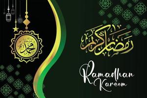Vector illustration of ramadan kareem with black background Gold Arabic script and islamic icon elements