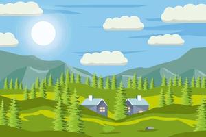 spring landscape background illustration with mountain, house, and tree vector