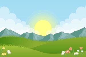 gradient spring landscape with flowers and mountain background vector