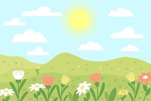 plano diseño primavera paisaje antecedentes ilustración con flores, sol, y nube vector