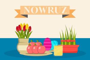 nowruz background illustration with tulips, grass, eggs, apple, and drinks vector