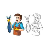 Coloring book fish sellers cartoon character vector