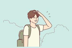 Young man with backpack stand in bushes looking for road. Millennial guy traveler get lost in park searching way out. Travel and navigation. Vector illustration.