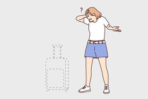 Stressed young woman frustrated with baggage loss in airport. Unhappy distressed female confused with lost suitcase. Vector illustration.