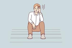 Unhappy young man sit on stairs feel distressed with job loss or failure. Upset male stressed with life or business problems, look for solution. Vector illustration.