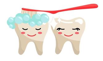 Cute toothy emoticons. They brush their teeth with a toothbrush with foam. Clean, even, joyful teeth with emotions. Dental floss and teeth with shine. In a flat style on a white background vector