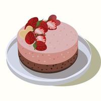 Sweet, delicious mini pie. Hand-drawn vector illustration in cartoon style. Chocolate strawberry cheesecake, cake with strawberries on a plate. For greeting cards, restaurant and bakery menus.