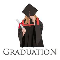 A young female student graduated from school with a diploma. the student covers her face with a hat. Graduation 2023. End of school. Printing on banners and flyers by the end of school. vector