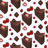 A pattern of cut pieces of chocolate cake with strawberries. Slices of sweet cakes on a white background. Illustration of a vector drawing. Packaging for holidays. Background for postcards, textiles.