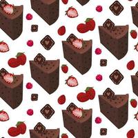 A pattern of cut pieces of chocolate cake with strawberries. Slices of sweet cakes on a white background. Illustration of a vector drawing. Packaging for holidays. Background for postcards, textiles.