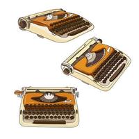 A set of typewriters for the holiday. Writer's Day. Poets' Day. Typewriter in bright colors. World Writers' Day with an orange retro typewriter in different angles. Bright color. Vector illustration.