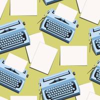 A pattern with bright typewriters and retro-style sheets of paper. A blue typewriter on a green background. Background for celebrating Poet's Day, Writer's Day. Retro style gift wrapping vector