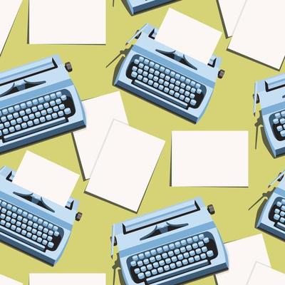 A pattern with bright typewriters and retro-style sheets of paper. A blue typewriter on a green background. Background for celebrating Poet's Day, Writer's Day. Retro style gift wrapping