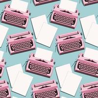 A pattern with bright typewriters and retro-style sheets of paper. Pink typewriter on a blue background. Background for celebrating Poet's Day, Writer's Day. Retro style gift wrapping vector