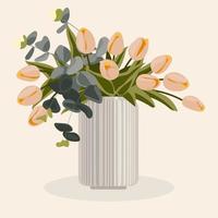 A magnificent bouquet in a vase and decorative branches in a vase vector illustration. Beautiful composition of tulips with leaves and stem on a white background. Flowering plants and herbs