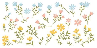 A large set of 30 elements of hand-drawn spring flowers in yellow, blue and pink colors. Stickers for spring holidays. March 8, Mother's Day, Easter. Printing on textiles and paper vector
