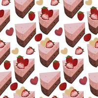 A set of pieces of chocolate and strawberry cake. Dessert with decorative elements of strawberries. Background for printing on textiles and paper. Seamless gift wrapping for the birthday party vector