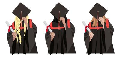 A set of young female students graduated from school. Students cover their face with a hat. Large inscription Graduation 2023. End of school. Printing on banners and flyers by the end of school. vector
