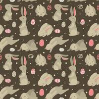 A pattern of gray Easter bunnies and colored Easter eggs. Different bunnies for kids. Rabbit or hare, a spring festive animal for Easter. Vintage simple vector character on a dark background Packaging