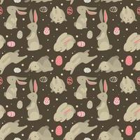 A pattern of gray Easter bunnies and colored Easter eggs. Different bunnies for kids. Rabbit or hare, a spring festive animal for Easter. Vintage simple vector character on a dark background Packaging