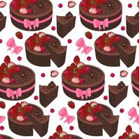 A pattern in the theme of a strawberry-chocolate cake a piece of cake, chocolate desserts, strawberry decoration, a group of strawberries. Background for printing on textiles and paper. Repeated vector