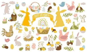 Easter cute bunny with a set of colored eggs and various little things. A charming Easter bunny with traditional festive decor and calligraphic inscriptions. vector