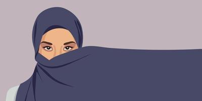 World Hijab Day. Muslim woman in hijab. Arab, Muslim, Islamic woman. February, July. Hijab Day. Vector illustration of a girl in a headscarf. Banner