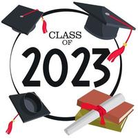 Class 2023 badge design template in black and red colors. Congratulations to graduates 2023 banner sticker postcard with academic hat, diploma for graduation from high school or college vector