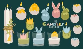 A large set of Easter candles with fire in different types. In the form of an egg, egg, chicken, flower and others. Isolated on a dark background. Vector illustration. for postcards, banners, stickers