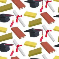 A pattern of graduation hats, high school or college graduation diplomas, and books. Class 2023 in different colors. Congratulations to the graduates of 2023 background postcard. Packaging vector