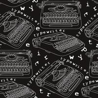 A pattern of typewriters drawn with lines. Black background and white outline typewriter with text. Background for celebrating Poet's Day, Writer's Day. Retro style gift wrapping vector