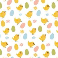 Vector seamless simple drawing with colored decorated eggs, chickens and flowers. Easter festive white background for printing on fabric and paper, scrapbooking paper, gift wrapping and wallpaper.