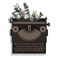 Vintage typewriter with flowers. Writer's Day, poet's Day. A black old typewriter with flowers inside on a white background. Vector illustration with shadows.