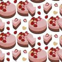 Pattern in the strawberry-chocolate cake theme a piece of cake, strawberry-chocolate desserts, strawberry decoration, a group of strawberries. Background for printing on textiles and paper. Repeated vector