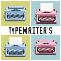 Vector illustration of retro typewriter pop art. Illustration of bright typewriters pink and blue on colored backgrounds and sheets inside the typewriter. Printing for banner, repeating pattern