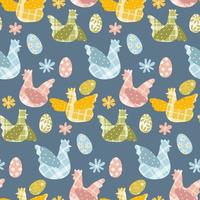 Chicken pattern with checkered fabric texture. Chicken, rooster and eggs and flowers of different colors. Easter palette. Background for printing. Gift wrapping. Children's vector illustration
