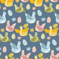 Chicken pattern with checkered fabric texture. Chicken, rooster and eggs and flowers of different colors. Easter palette. Background for printing. Gift wrapping. Children's vector illustration