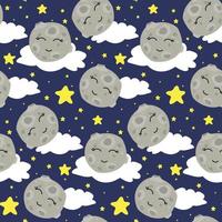 A pattern with a cute moon in the sky with stars, clouds on blue. Children's illustration. Printing on paper and textiles. Gift wrapping, background for postcards, banner, fabric. Children vector