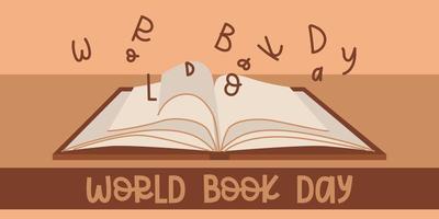 World Book Day. An open book on the table with letters flying out of it. Illustration of the vector of education. A postcard, a banner, a leaflet for the book day. Printing on paper