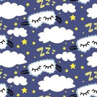 A pattern with a cute headband for sleeping and stars in the clouds. Children's illustration. Printing on paper and textiles. Gift wrapping, background for postcards, banner, fabric. vector