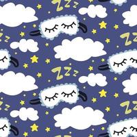 A pattern with a cute headband for sleeping and stars in the clouds. Children's illustration. Printing on paper and textiles. Gift wrapping, background for postcards, banner, fabric. vector