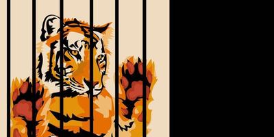 vector ilustración en realista estilizado estilo de un salvaje Tigre en un jaula aislado en un blanco antecedentes. bandera para animal proteccion. circos sin animales león con elevado patas